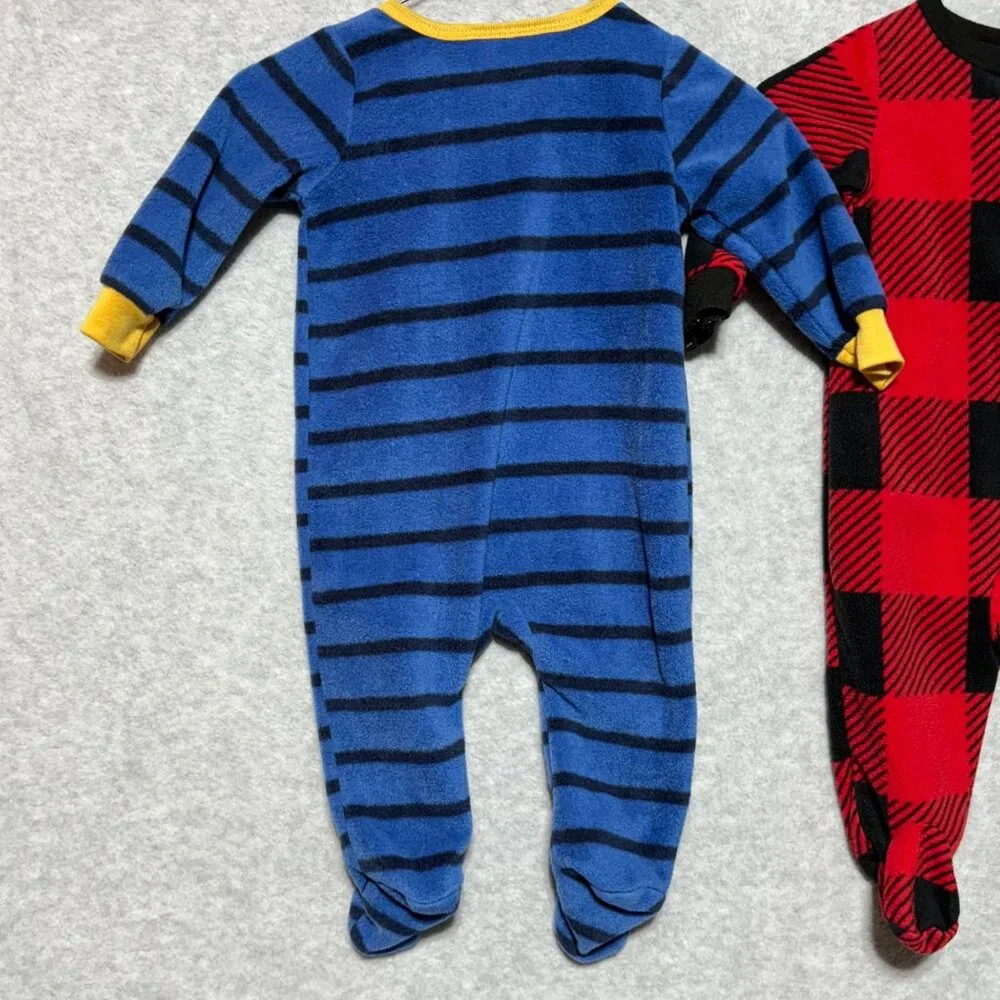 Baby 3-6M Lot of 2 Fleece Zip-Up 1-Piece Red Plaid Blue Penguin Pajama Footies